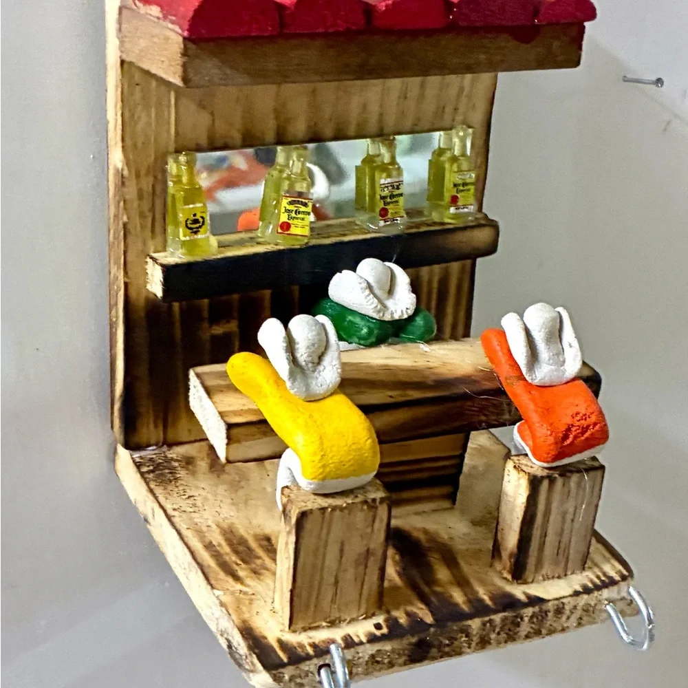 Rustic Mini Bar Wall Keyholder Decor with Yellow, Orange & Green Figures